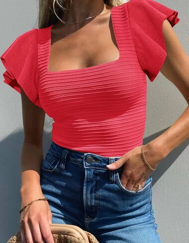 BZB ملابس علوية نسائية صيفية 2024 بأكمام مكشكشة ورقبة مربعة، بلوزة كاجوال ضيقة ومتماسكة ومضلعة in Kuwait