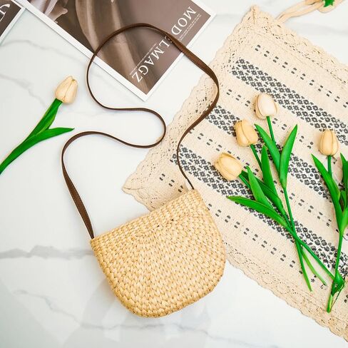 Womens Straw Beach Bag Woven Crossbody Shoulder Bags, Summer Rattan Bag For Womens Girls with Leather Strap, Straw Handwoven Handbag, Straw Clutch Bag, Beach Sea Summer Rattan Clutch Bags in Saudi Arabia