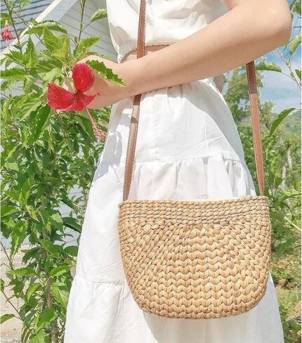 Womens Straw Beach Bag Woven Crossbody Shoulder Bags, Summer Rattan Bag For Womens Girls with Leather Strap, Straw Handwoven Handbag, Straw Clutch Bag, Beach Sea Summer Rattan Clutch Bags in Saudi Arabia