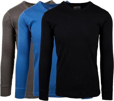 AMERICAN HEAVEN Mens' Baselayer Long Sleeve Top | 100% Cotton Crew Neck Shirt | Fleece Brush Flat Knit | 3 Pack in Kuwait