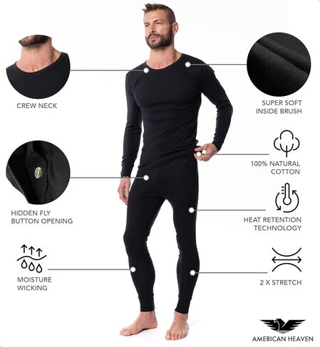 AMERICAN HEAVEN Mens' Baselayer Long Sleeve Top | 100% Cotton Crew Neck Shirt | Fleece Brush Flat Knit | 3 Pack in Kuwait