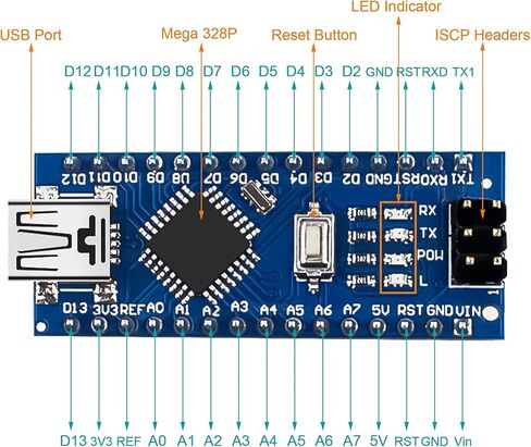 لوحة نانو V3.0 ATmega328P/CH340 5V 16M وحدة تحكم صغيرة متوافقة مع Arduino Nano (مع الكابلات) in Kuwait