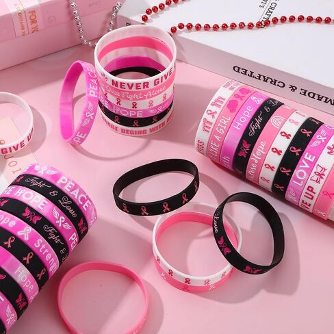 JUNEBRUSHS 120pcs Breast Cancer Awareness Silicone Bracelets Pink Ribbon Hope Faith Strength Courage Accessories Wristbands for Women Breast Cancer Awareness Gifts Party Supplies Favors in Saudi Arabia