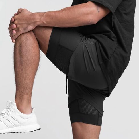 Mens 2 in 1 Workout Running Shorts with Liner Quick Dry Athletic Gym Shorts with Pockets in Saudi Arabia