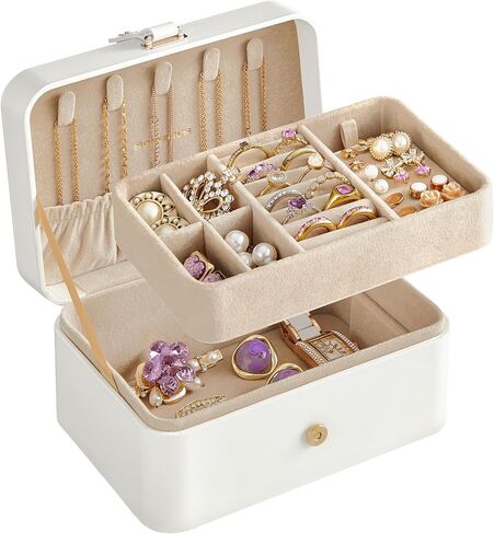 SONGMICS Jewelry Box, Travel Jewelry Case, 2-Layer Jewelry Holder Organizer, 4.6 x 6.3 x 3 Inches, Portable, Versatile Earring Storage, for Larger Accessories, Gift Idea, Cloud White UJBC166W01 in Saudi Arabia