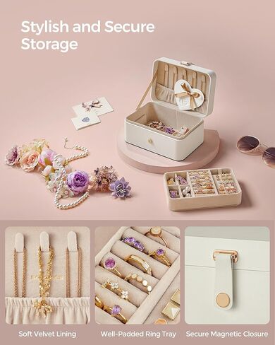 SONGMICS Jewelry Box, Travel Jewelry Case, 2-Layer Jewelry Holder Organizer, 4.6 x 6.3 x 3 Inches, Portable, Versatile Earring Storage, for Larger Accessories, Gift Idea, Cloud White UJBC166W01 in Saudi Arabia