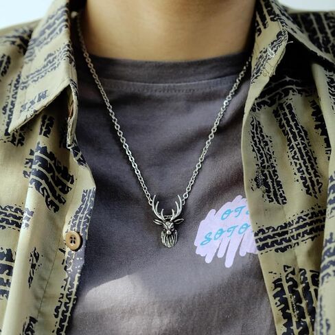 قلادة رأس الغزلان للرجال، قلادة الهيب هوب الرنة، قلادة قلادة قرن الوعل من فايكنغ فايكنغ مع سلسلة 21.7 بوصة، قلادة من الفولاذ المقاوم للصدأ على شكل غزال الصخرة الشرير، قلادة غزال حيوان عتيقة هدية للرجال والأولاد in Kuwait