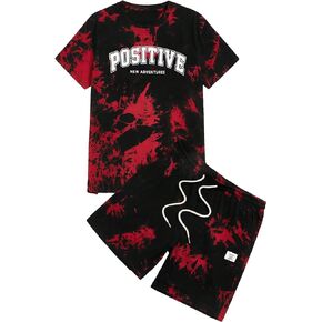 WDIRARA Men's Track Suits 2 Piece Set Letter Graphic Tie Dye Short Sleeve Tee and Track Shorts Outfits