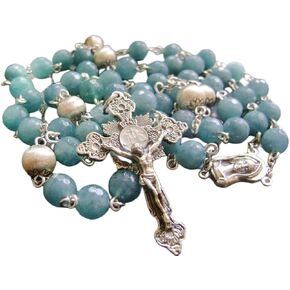 elegantmedical HANDMADE Sterling Silver Beads 5 DECADE GIFT ROSARY Crucifix Cross Aquamarine Beads & necklace Box
