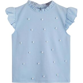 OYOANGLE Girl's Summer Ruffle Cap Sleeve Pearls Keyhole Back Blouse Tops Shirt