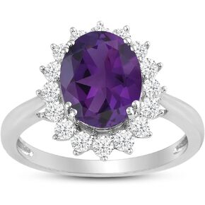 Jewelili Sterling Silver 10x8 MM Oval Amethyst with Round Created White Sapphire Engagement Ring