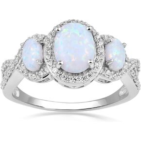 Jewelili Sterling Silver 8X6 MM and 5X3 MM Oval Created Opal and Round Created White Sapphire 3-Stone Engagement Ring