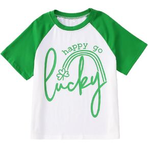 Kids St. Patrick's Day Shirt Boys Girls Happy Go Lucky Shamrock T-Shirt Irish Clover Raglan Short Sleeve Tee Tops