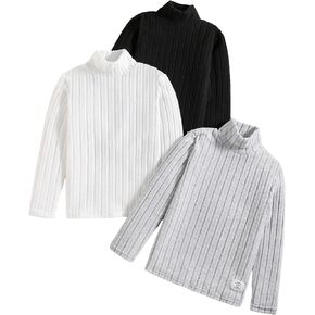 Floerns Boy's 3 Pcs Simple Rib Knit Top Mock Neck Long Sleeve Basic Tee Shirt