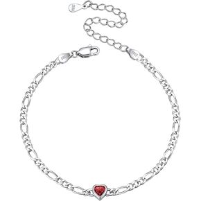 ChicSilver 925 Sterling Silver Heart/Round Birthstone Figaro Chain Bracelet for Women Mothers Day Birthday Jewelry Gifts