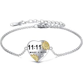 POPLYKE 11:11 Make A Wish سوار للنساء من الفضة الاسترليني وزهرة عباد الشمس على شكل قلب قابل للتعديل هدايا للبنات, فضة استرلينية, زركونيا مكعب in Kuwait