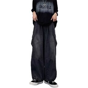 Women's High Waist Denim Pants Y2K Grunge Clothes Wide Leg Cargo Jeans Emo Alternative Clothing Goth Punk Streetwear