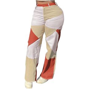 vanberfia Women Denim Stretchy Patchwork Wide Leg Pants Jeans