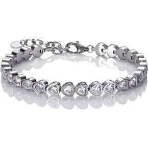 namana Heart Tennis Bracelet for Women and Teenage Girls, Stainless Steel Tennis Bracelets for Women set with Heart Shaped Swarovski Crystals, Steel or Gold Plated Heart Bracelets for Her