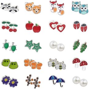 20 Pairs Stud Earrings Stainless Steel Mixed Color Cute Animals Fruit Mushroom Cherry Pearl Fox Bear Butterfly Bee Owl Flower Star Heart Stud Earrings Set for Women