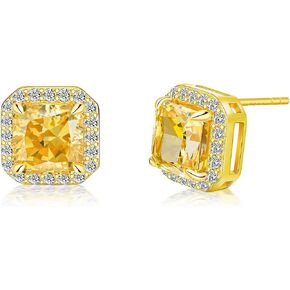 PHNIBIRD Gold Stud Earrings for Women 925 Sterling Silver with Radiant Cut Yellow Cubic Zirconia Square Earrings Shiny Gift for Her, 11mm x 11mm, Sterling Silver, Cubic Zirconia in Kuwait