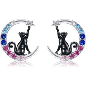 VONALA Moon Cat Earrings for Women 925 Sterling Silver Cat Stud Earrings for Girls Animal Earrings Gifts