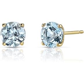 Peora 14K Yellow Gold Genuine Aquamarine Stud Earrings for Women, Classic Solitaire Round Shape, 6mm, 1.50 Carats total, Friction Back in Kuwait