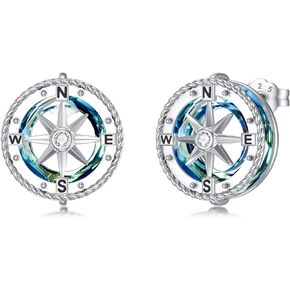 VONALA Compass Stud Earrings Sterling Silver Blue Ocean Compass Stud Earrings with Circle Crystal Compass Graduation Gifts for Her Daughter Women Girls College Student Friends