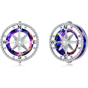 VONALA Compass Stud Earrings Sterling Silver Blue Ocean Compass Stud Earrings with Circle Crystal Compass Graduation Gifts for Her Daughter Women Girls College Student Friends