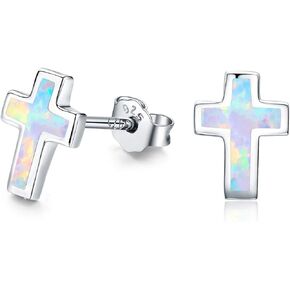 Opal Cross Stud Earrings, 925 Stertling Silver Hypoallergenic Anchor Stud Earrngs and Tiny Opal Cross Studs Jewelry Gifts for Women (Opal Earrings)