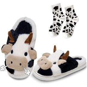 Cow Slippers With Cow Socks Animal Fuzzy Slippers Non-Skid Winter Warm Cozy For Women Teen Girls Outdoor Slippers