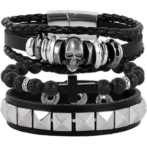 MILAKOO 3Pcs Punk Braided Leather Bracelets for Women Men Lava Stone Goth Skull Studded Wristband