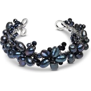 AeraVida Cool Refined Cultured Freshwater Black Pearl Flower Embellishment Chic Cuff Bracelet in Kuwait