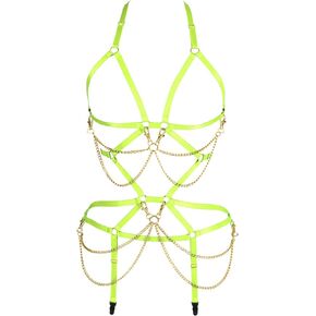 Women Body Harness Set Carnival Garter Belt Set Elastic Hollow Top Bra Punk Gothic Dance Costume