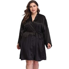 Womens Pure Short Plus Size Robe Satin Kimono Bathrobe Bridesmaid Party Soft Sleepwear Dressing Gown