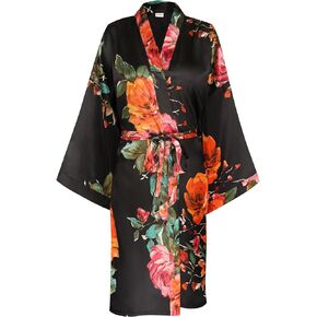 SUGAR JAN Women's Silk Floral Robe for Bride Bridesmaid Short Lightweight Kimono Bathrobe Loungewear