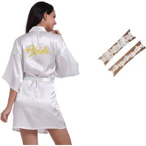 Syiomlis Bride with gold Rhinestones, Wedding Party Robes, bachelorette gifts for bride,bridesmaid proposal gifts (one bride Robes+one Garters for Bridal Leg Ring )