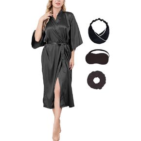 DOLOS Women Soft Silky Long Robe Bride Bridesmaid for Wedding Bridal Party Spa with Blindfold Hair Ties Hair Band