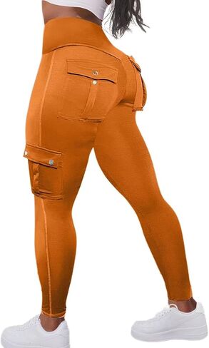 Flamingals Butt Lifting Leggings with Flap Pockets Workout Cargo Leggings for Women Orange S in Saudi Arabia