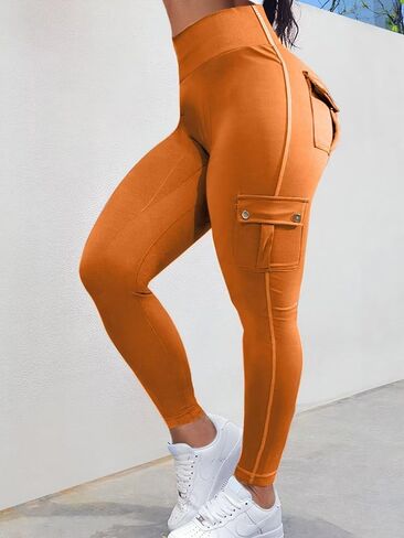 Flamingals Butt Lifting Leggings with Flap Pockets Workout Cargo Leggings for Women Orange S in Saudi Arabia