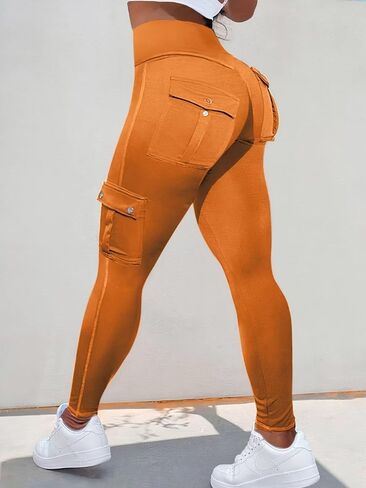 Flamingals Butt Lifting Leggings with Flap Pockets Workout Cargo Leggings for Women Orange S in Saudi Arabia