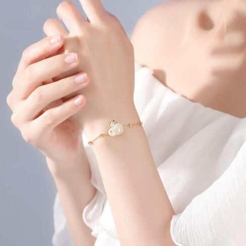 AMINKINA 14K Gold Rabbit Bracelet for Women, Natural Jade Rabbit Bracelet, Beautiful Jewelry Gift for Mother, Wife, Girlfriend in Saudi Arabia