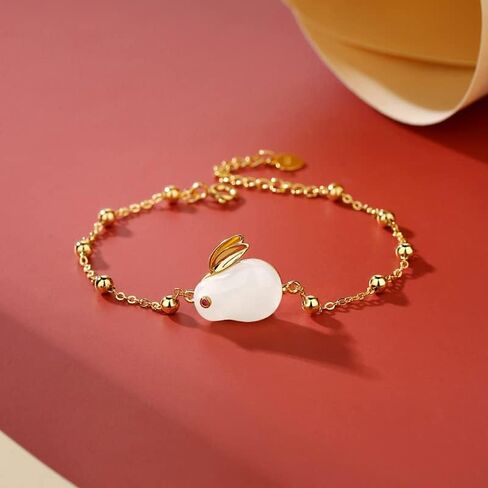 AMINKINA 14K Gold Rabbit Bracelet for Women, Natural Jade Rabbit Bracelet, Beautiful Jewelry Gift for Mother, Wife, Girlfriend in Saudi Arabia