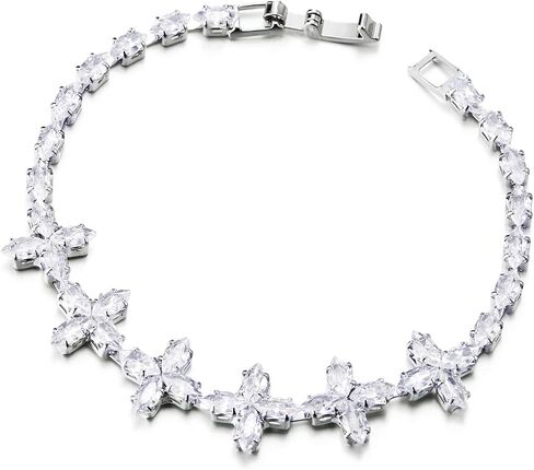 COOLSTEELANDBEYOND Glamorous Flower Cross Link Chain Bracelet with Cubic Zirconia Cross, for Women, Fold-Over Clasp in Saudi Arabia