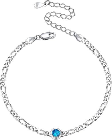 ChicSilver 925 Sterling Silver Heart/Round Birthstone Figaro Chain Bracelet for Women Mothers Day Birthday Jewelry Gifts in Saudi Arabia