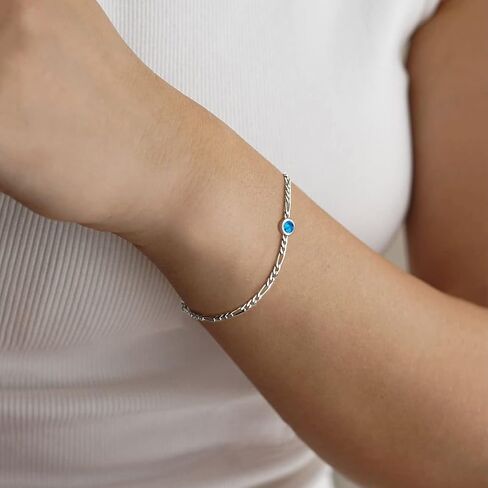 ChicSilver 925 Sterling Silver Heart/Round Birthstone Figaro Chain Bracelet for Women Mothers Day Birthday Jewelry Gifts in Saudi Arabia