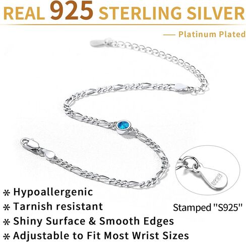 ChicSilver 925 Sterling Silver Heart/Round Birthstone Figaro Chain Bracelet for Women Mothers Day Birthday Jewelry Gifts in Saudi Arabia