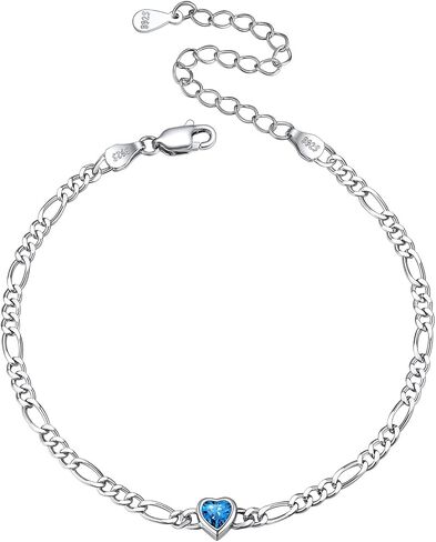 ChicSilver 925 Sterling Silver Heart/Round Birthstone Figaro Chain Bracelet for Women Mothers Day Birthday Jewelry Gifts in Saudi Arabia