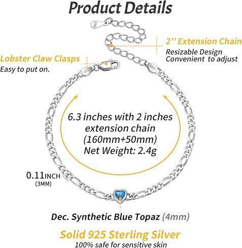 ChicSilver 925 Sterling Silver Heart/Round Birthstone Figaro Chain Bracelet for Women Mothers Day Birthday Jewelry Gifts in Saudi Arabia