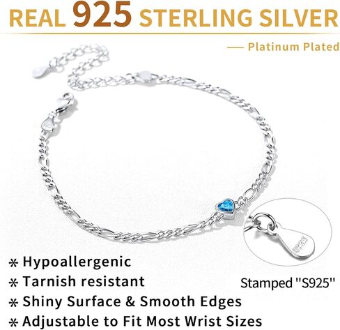 ChicSilver 925 Sterling Silver Heart/Round Birthstone Figaro Chain Bracelet for Women Mothers Day Birthday Jewelry Gifts in Saudi Arabia